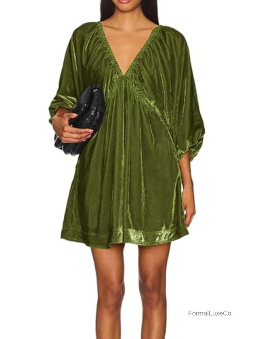 Velvet Tunic Dress 3/4 Sleeve Deep V Neck Loose Fit A-Line Mini with Pockets